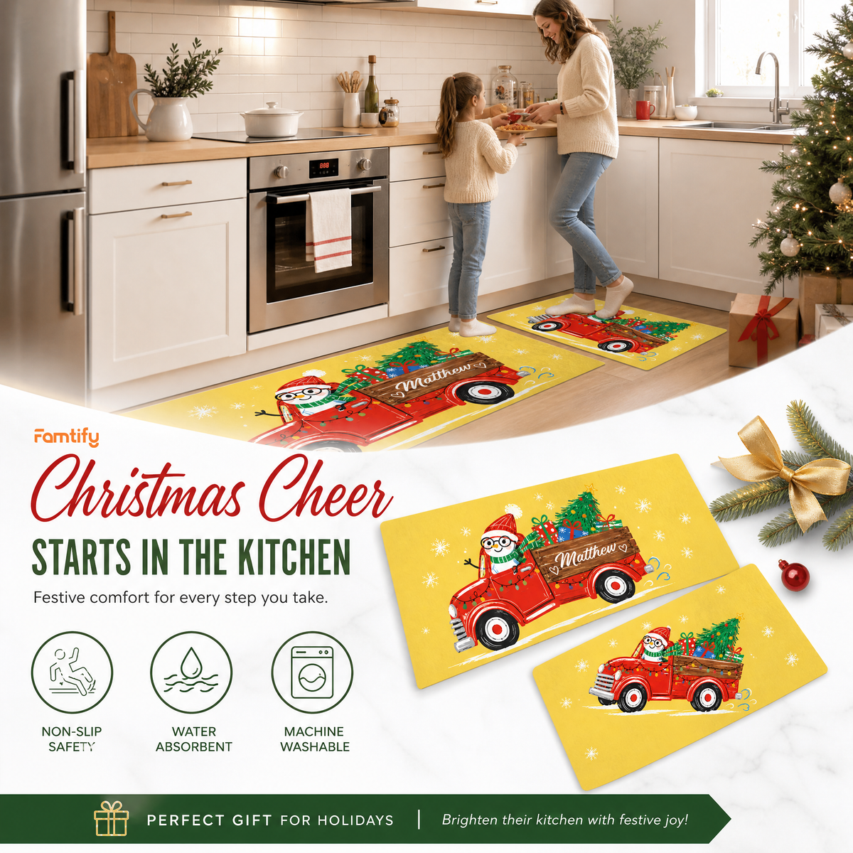Personalized Snowman Vintage Truck Christmas kitchen mat set, view 4