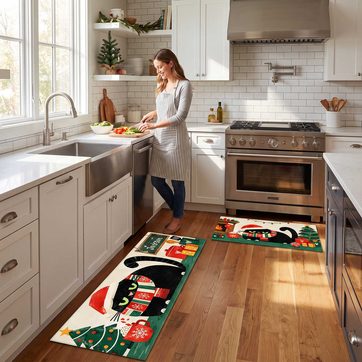Personalized Black Cat Santa Hat Fireplace Christmas kitchen mat set in a cozy holiday kitchen