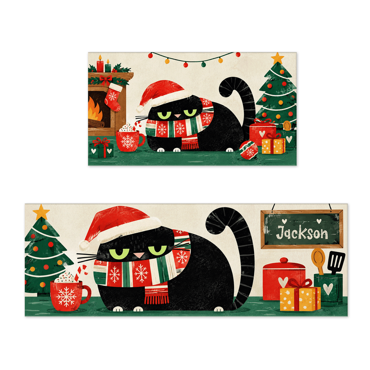 Personalized Black Cat Santa Hat Fireplace Christmas kitchen mat set with custom name