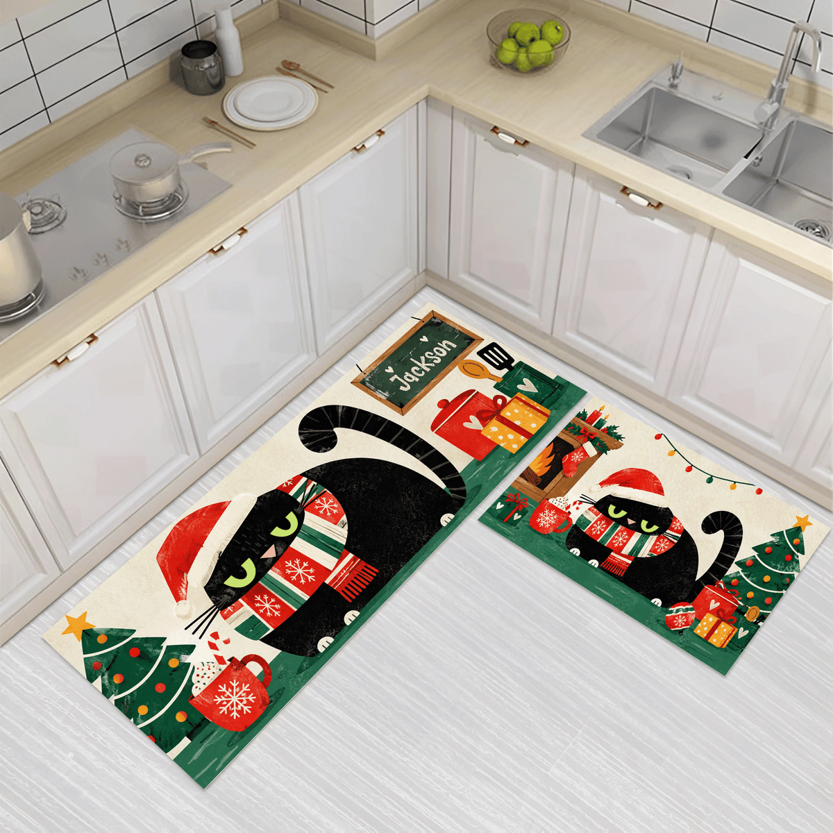Personalized Black Cat Santa Hat Fireplace Christmas kitchen mat set, view 3
