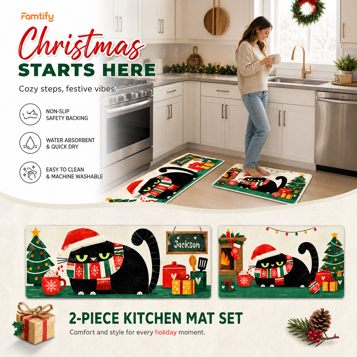 Personalized Black Cat Santa Hat Fireplace Christmas kitchen mat set, view 4