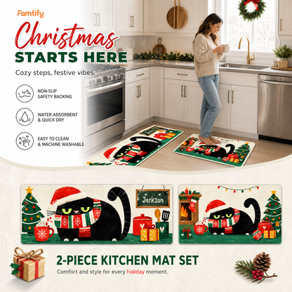 Personalized Black Cat Santa Hat Fireplace Christmas kitchen mat set, view 4