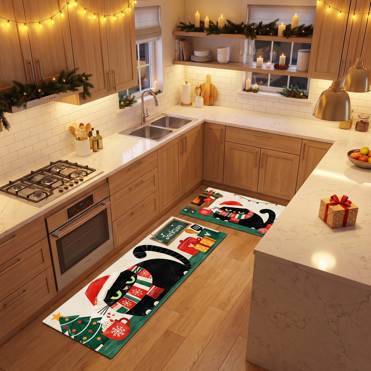 Personalized Black Cat Santa Hat Fireplace Christmas kitchen mat set, view 5