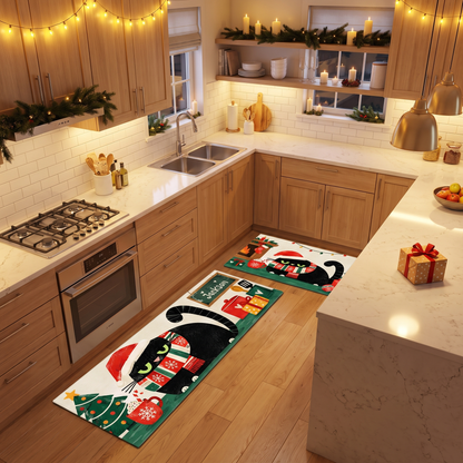 Personalized Black Cat Santa Hat Fireplace Christmas kitchen mat set, view 5