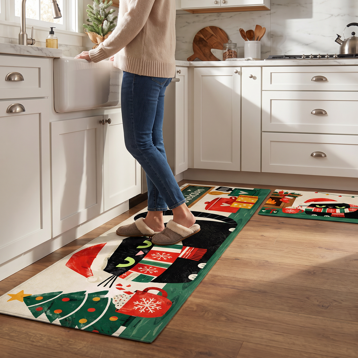 Personalized Black Cat Santa Hat Fireplace Christmas kitchen mat set, view 6