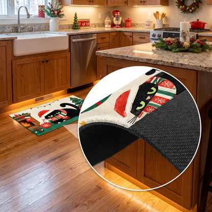 Personalized Black Cat Santa Hat Fireplace Christmas kitchen mat set, view 7