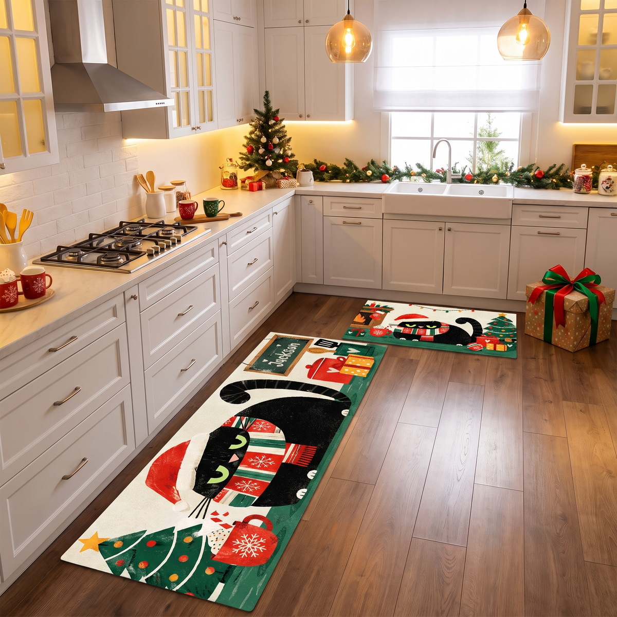 Personalized Black Cat Santa Hat Fireplace Christmas kitchen mat set, view 8