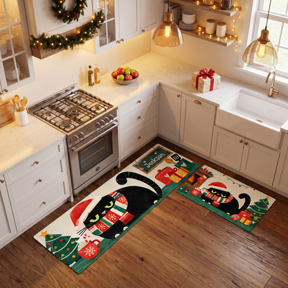 Personalized Black Cat Santa Hat Fireplace Christmas kitchen mat set, view 9