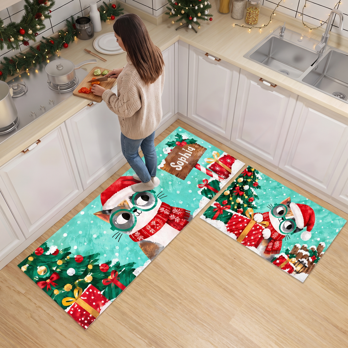 Personalized Christmas Kitty Glasses kitchen mat set in a cozy holiday kitchen