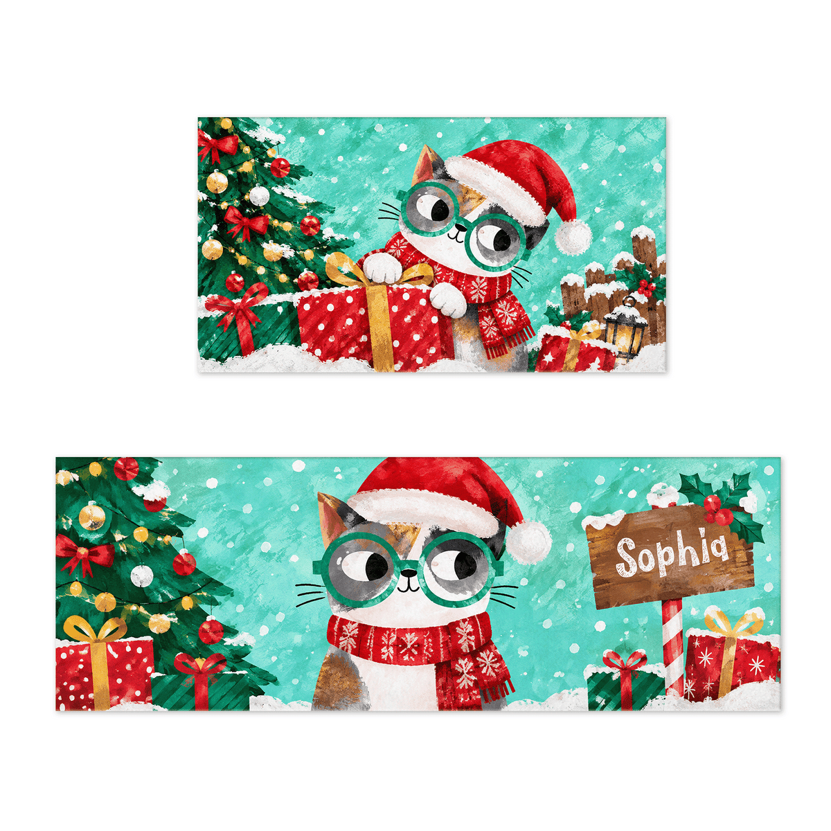 Personalized Christmas Kitty Glasses kitchen mat set with custom name