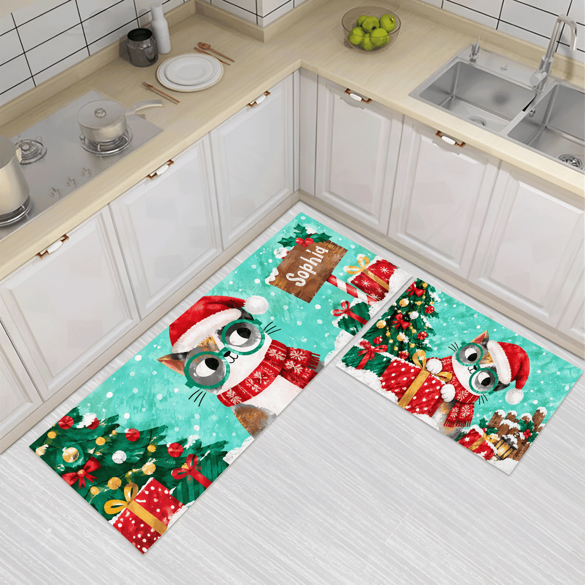 Personalized Christmas Kitty Glasses kitchen mat set, view 3