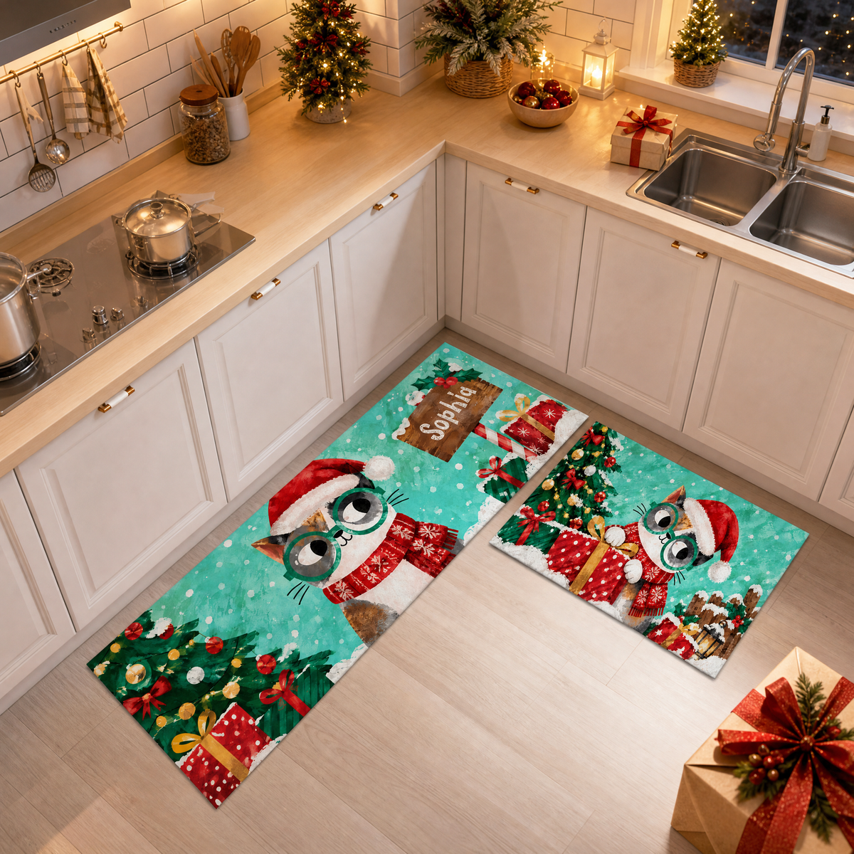 Personalized Christmas Kitty Glasses kitchen mat set, view 4