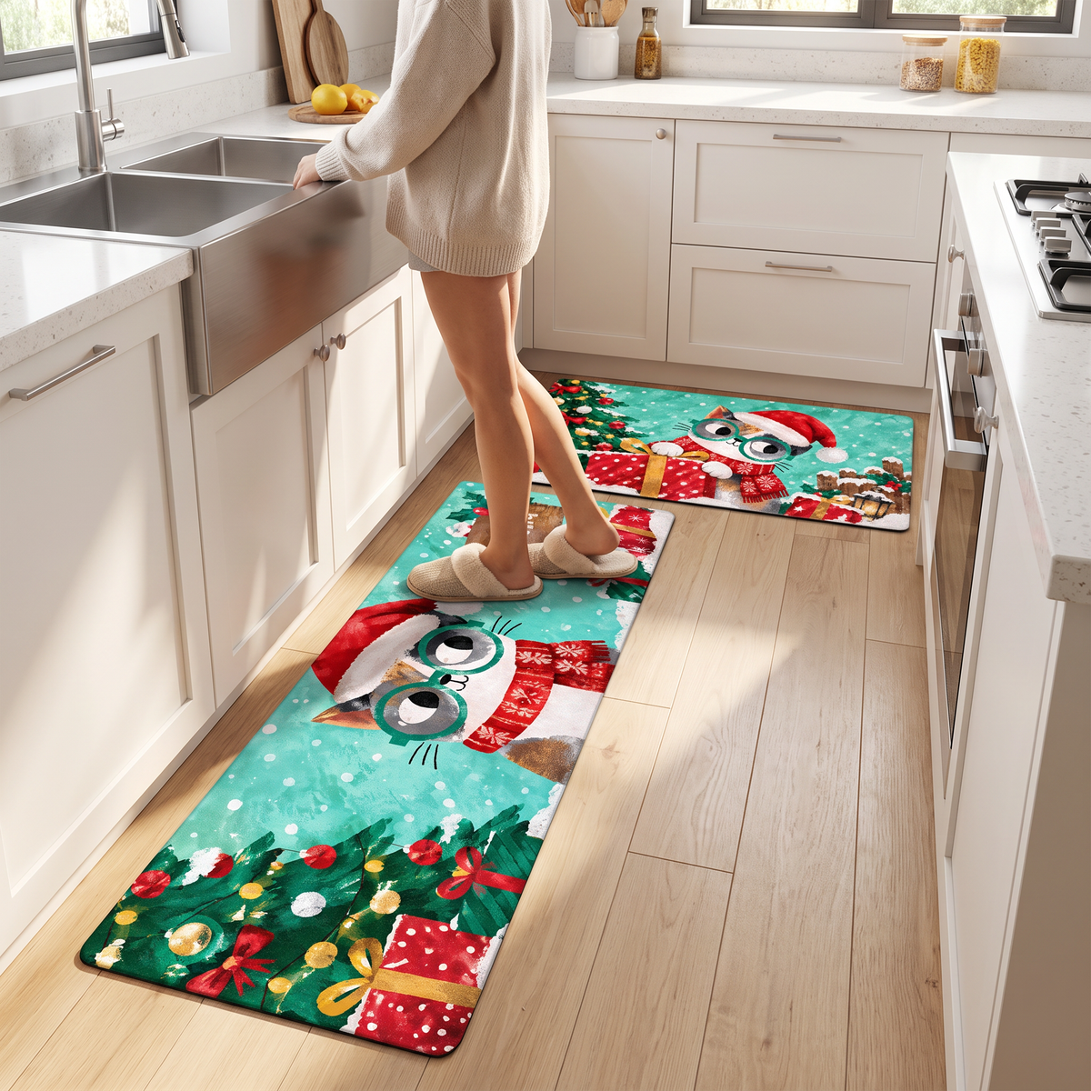Personalized Christmas Kitty Glasses kitchen mat set, view 5