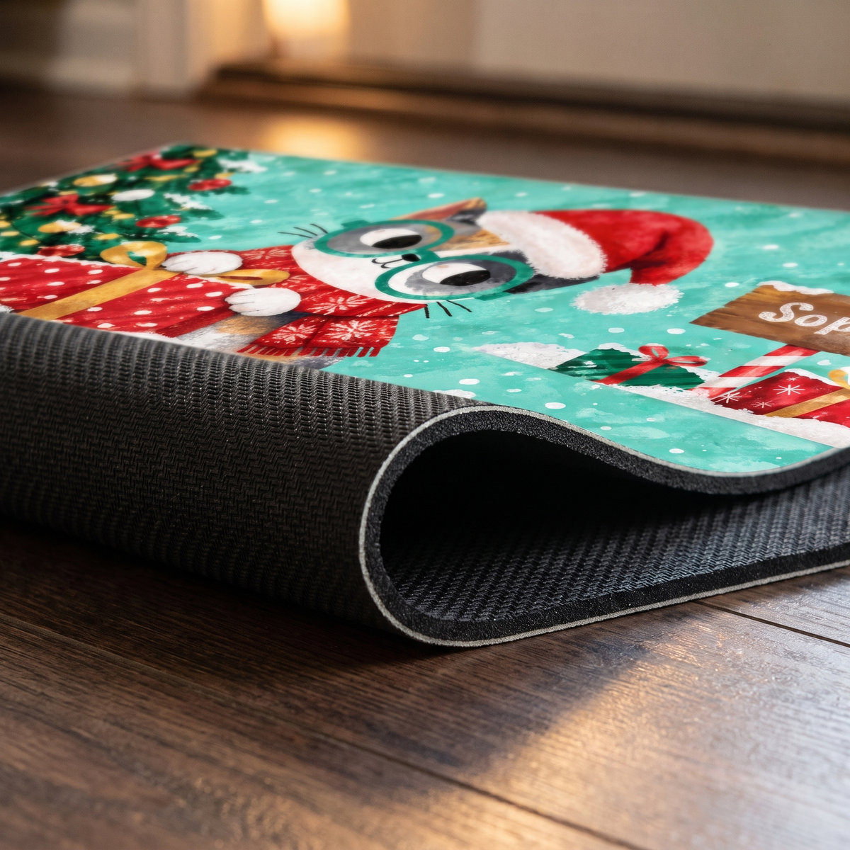 Personalized Christmas Kitty Glasses kitchen mat set, view 6