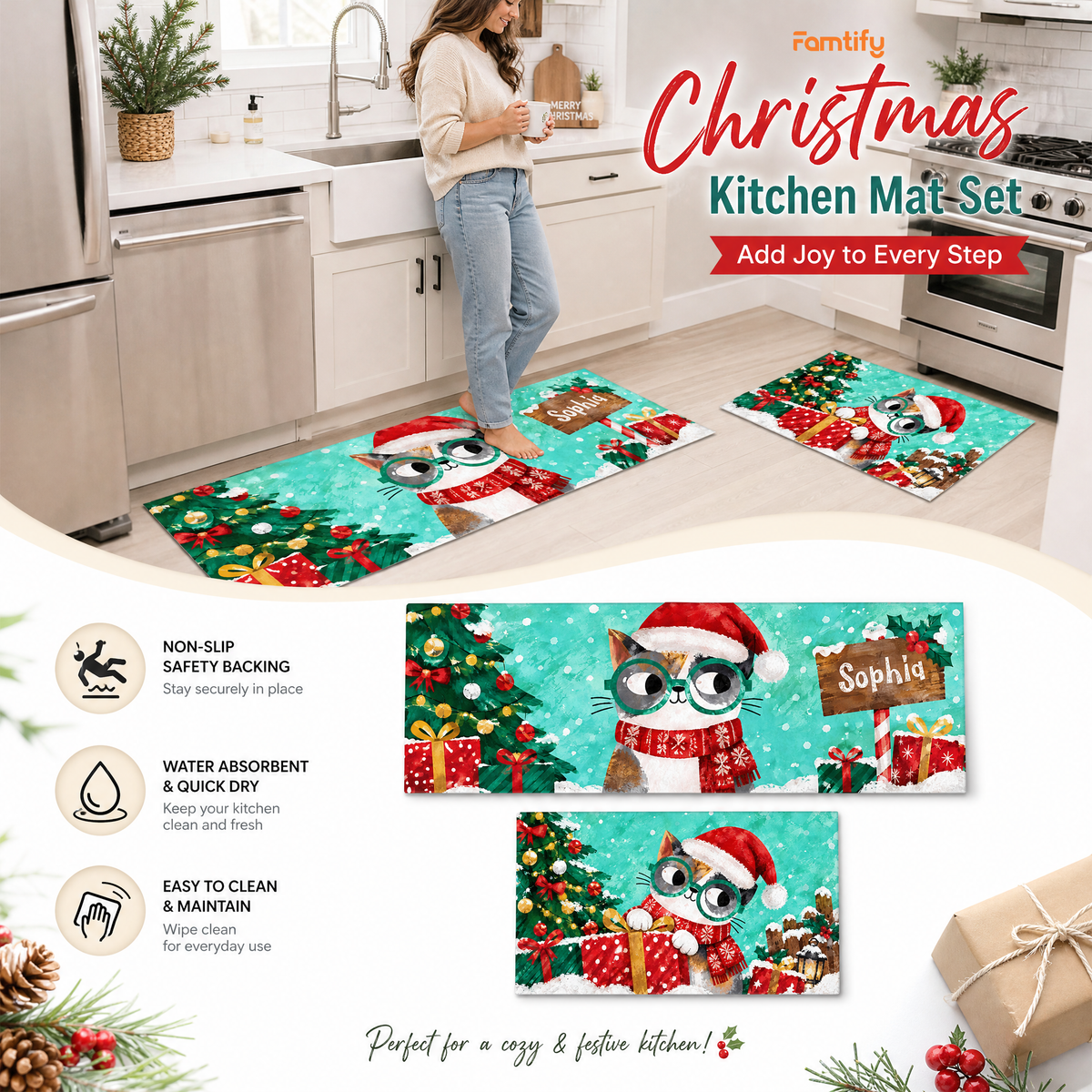 Personalized Christmas Kitty Glasses kitchen mat set, view 7