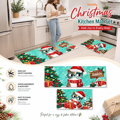 Personalized Christmas Kitty Glasses kitchen mat set, view 7