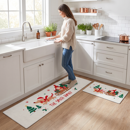 Personalized Dachshund Christmas Sleigh kitchen mat set in a cozy holiday kitchen