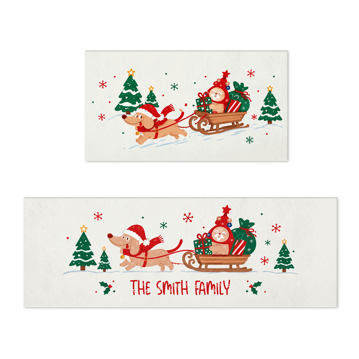 Personalized Dachshund Christmas Sleigh kitchen mat set with custom family name