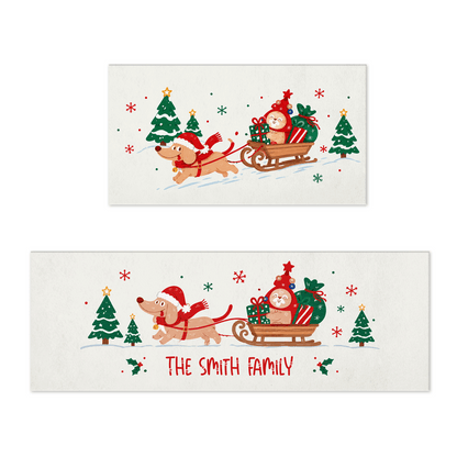 Personalized Dachshund Christmas Sleigh kitchen mat set with custom family name