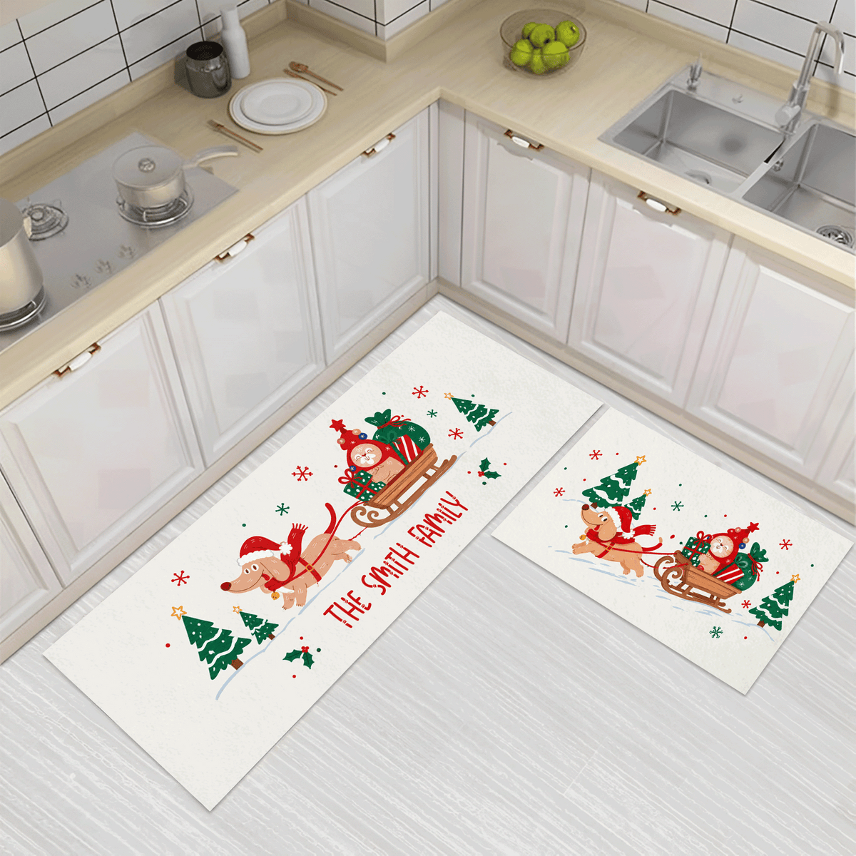 Personalized Dachshund Christmas Sleigh kitchen mat set, view 3