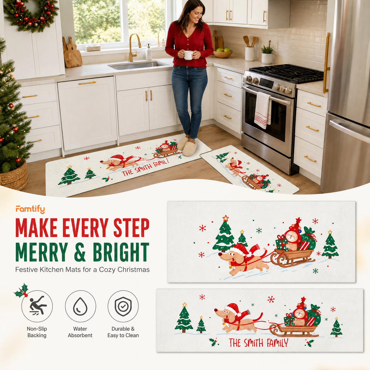 Personalized Dachshund Christmas Sleigh kitchen mat set, view 4