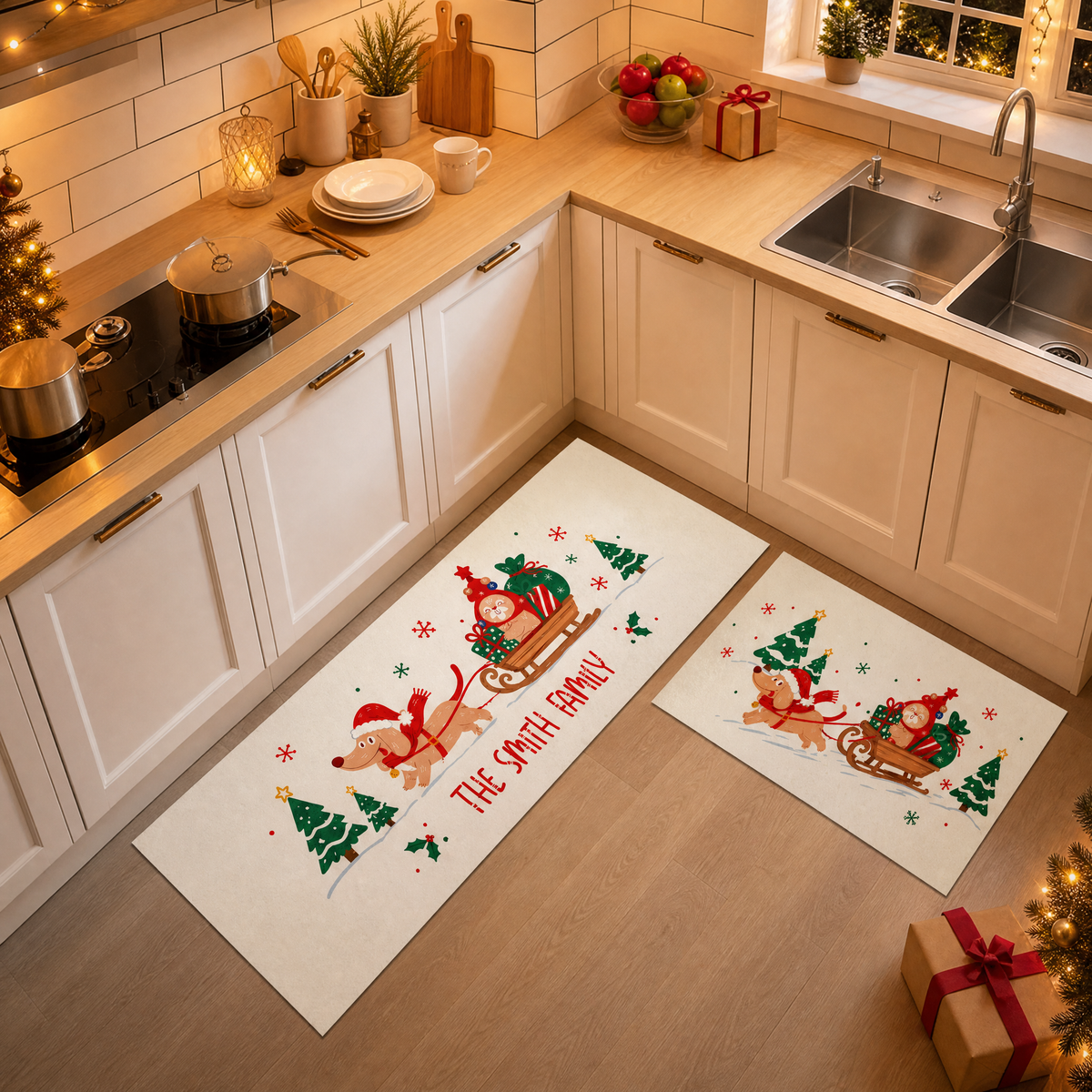 Personalized Dachshund Christmas Sleigh kitchen mat set, view 5