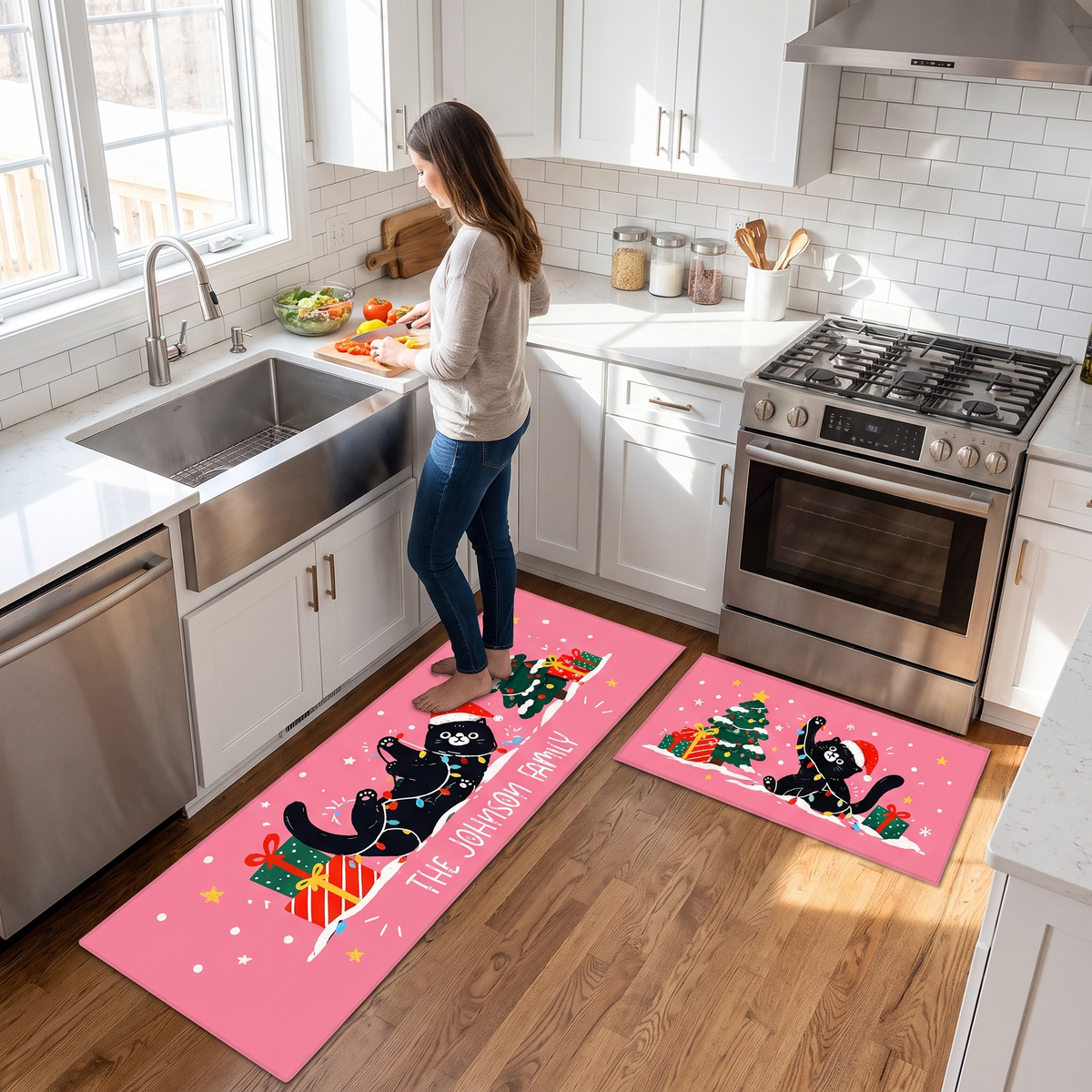 Personalized Black Cat Tangled Lights Christmas kitchen mat set in a cozy holiday kitchen