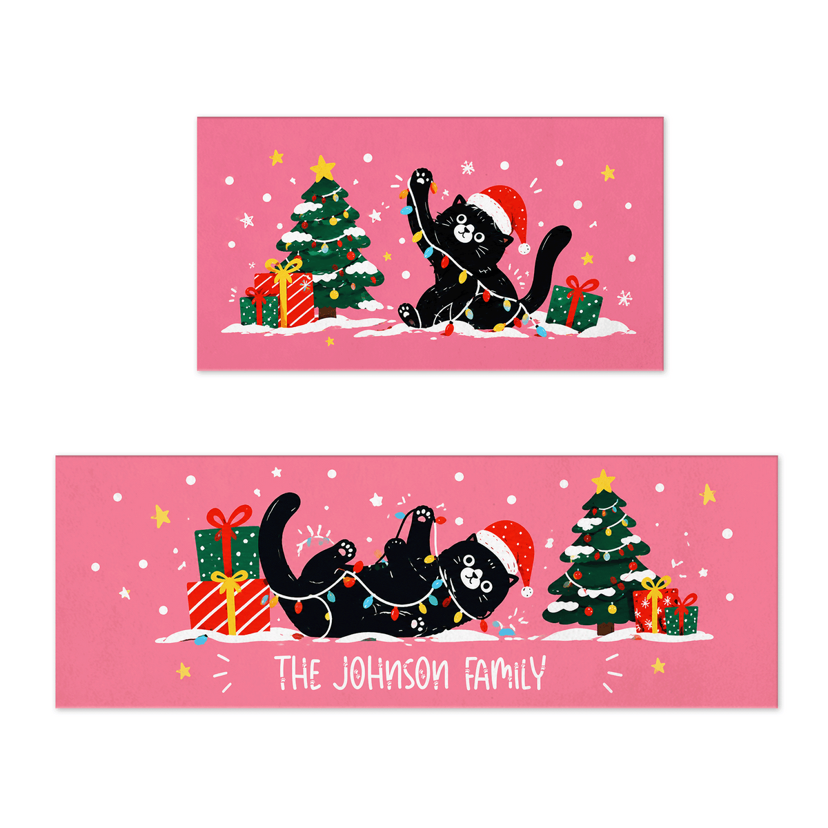 Personalized Black Cat Tangled Lights Christmas kitchen mat set with custom family name