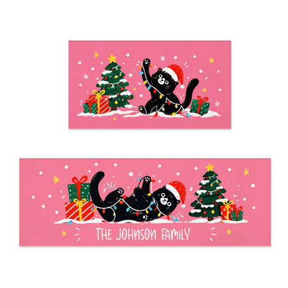 Personalized Black Cat Tangled Lights Christmas kitchen mat set with custom family name