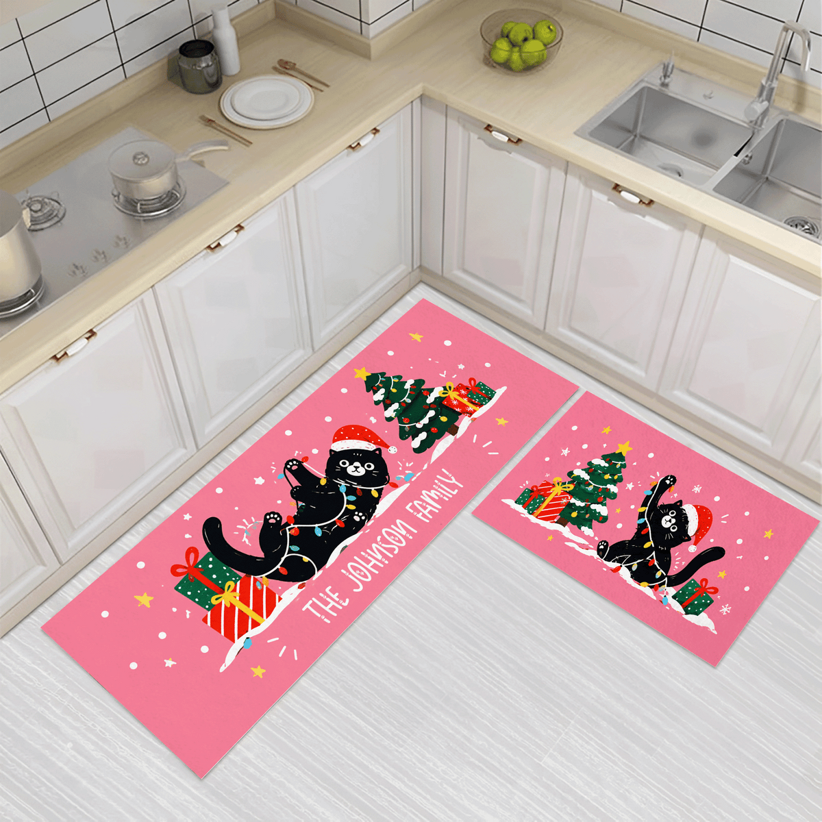 Personalized Black Cat Tangled Lights Christmas kitchen mat set, view 3