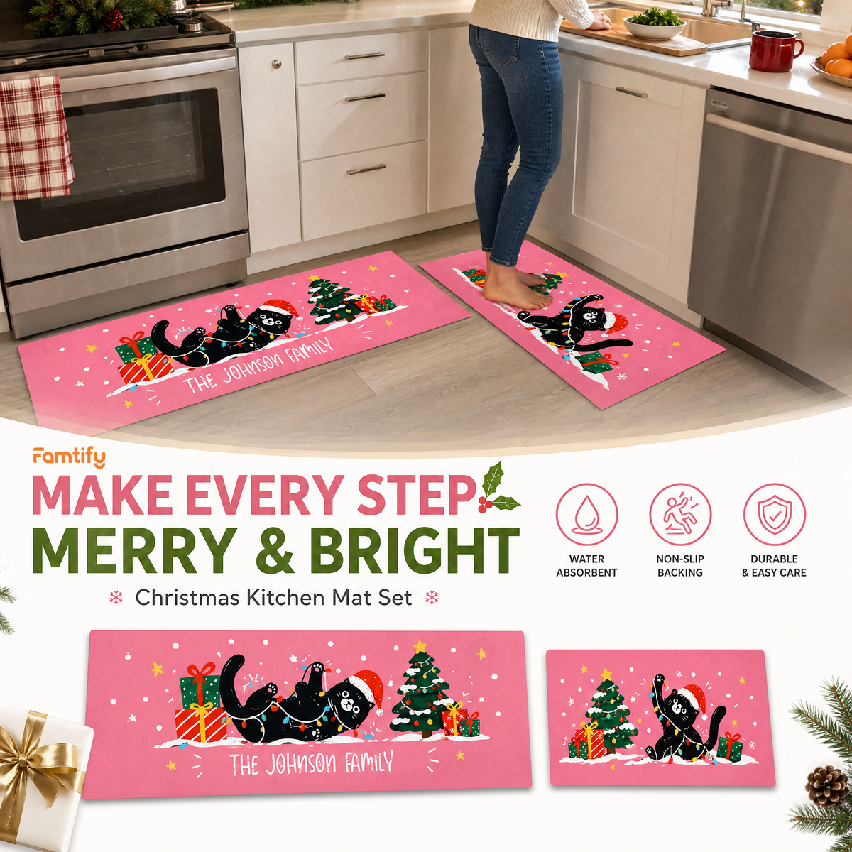 Personalized Black Cat Tangled Lights Christmas kitchen mat set, view 4