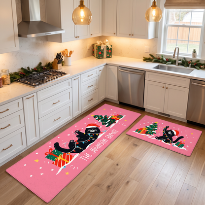 Personalized Black Cat Tangled Lights Christmas kitchen mat set, view 5