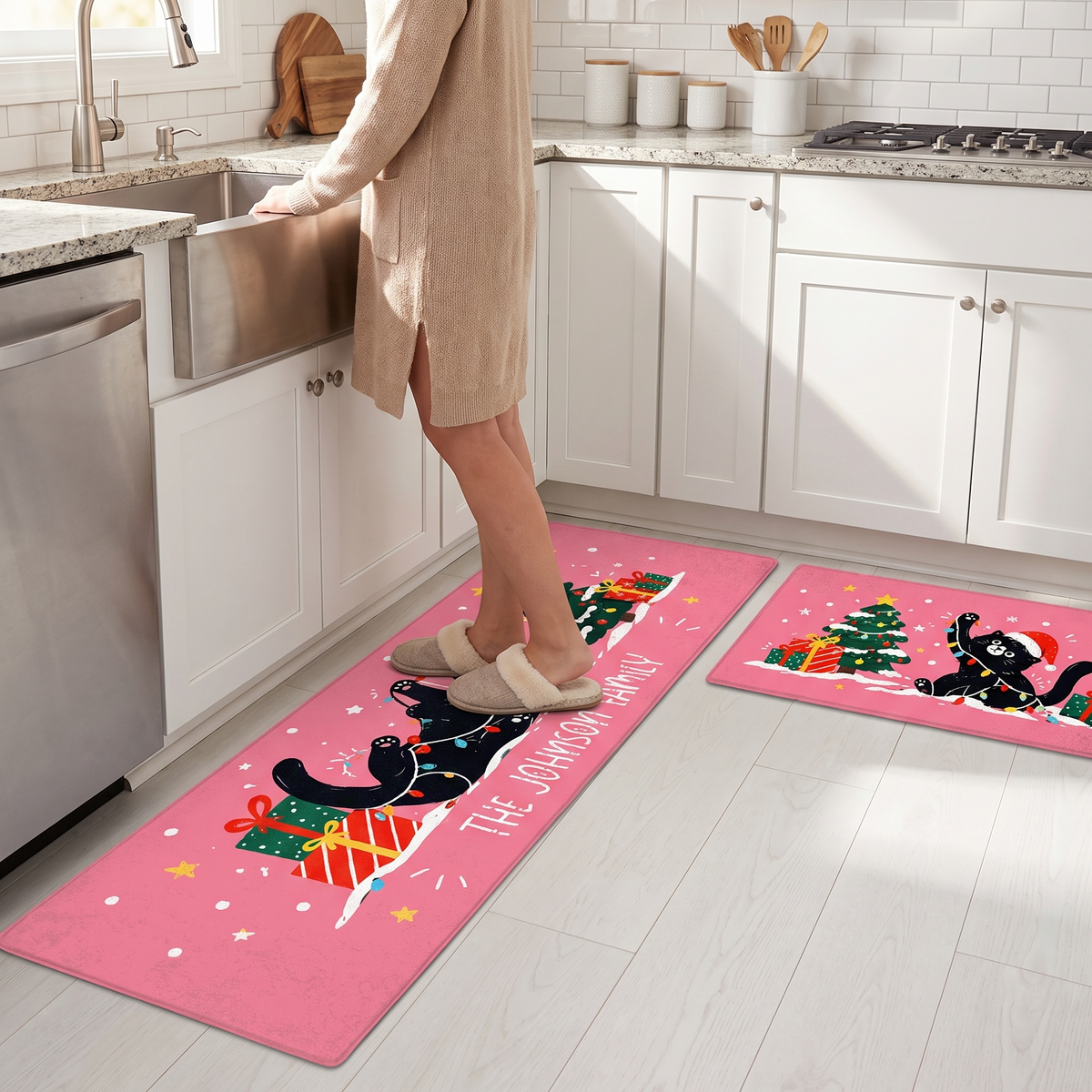 Personalized Black Cat Tangled Lights Christmas kitchen mat set, view 6