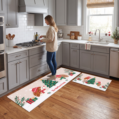 Personalized Hedgehog Christmas Tree kitchen mat set in a cozy holiday kitchen