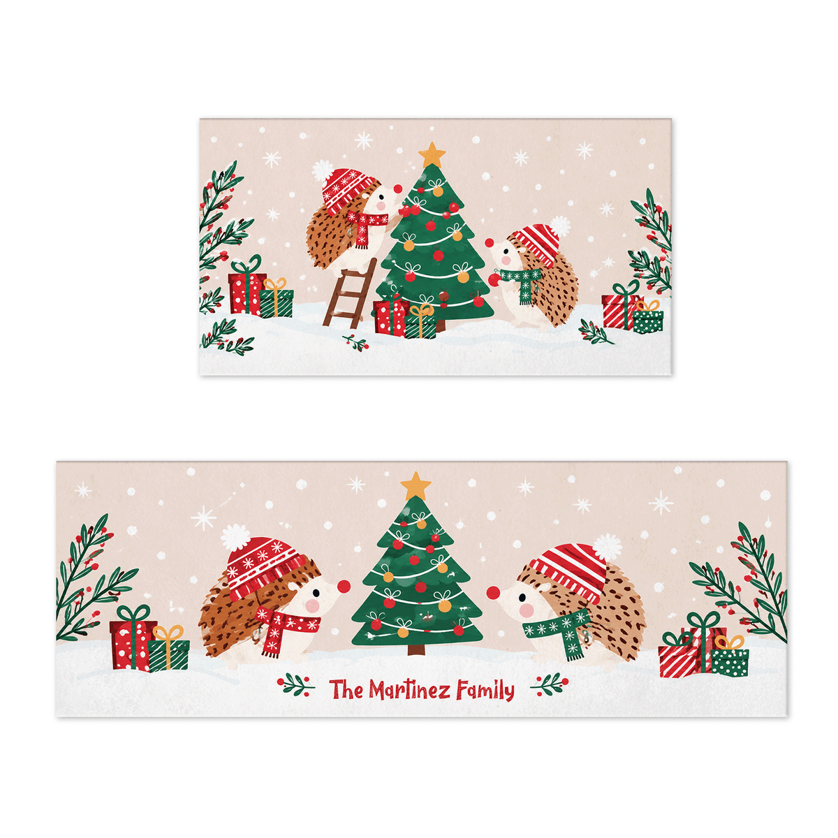 Personalized Hedgehog Christmas Tree kitchen mat set with custom family name