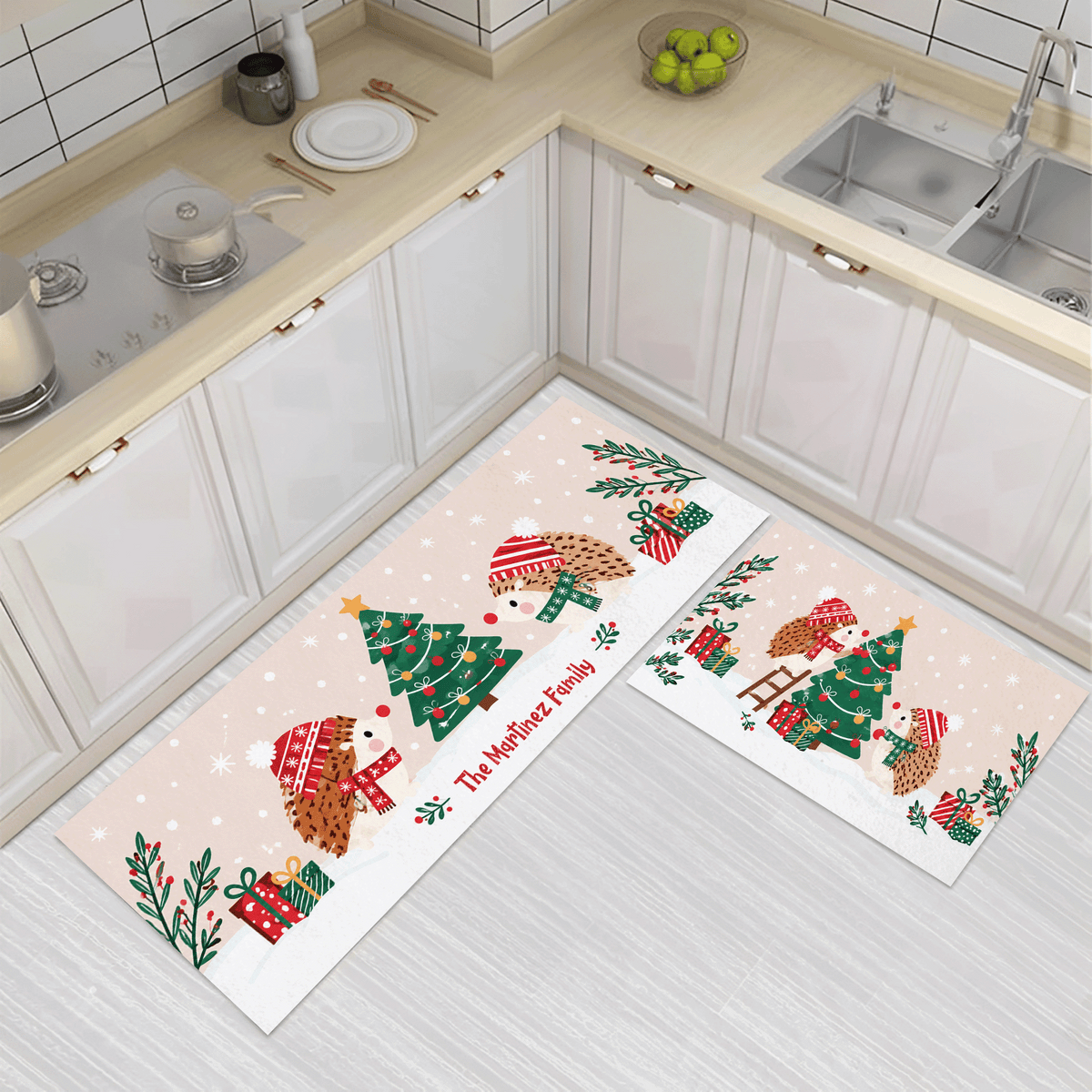 Personalized Hedgehog Christmas Tree kitchen mat set, view 3