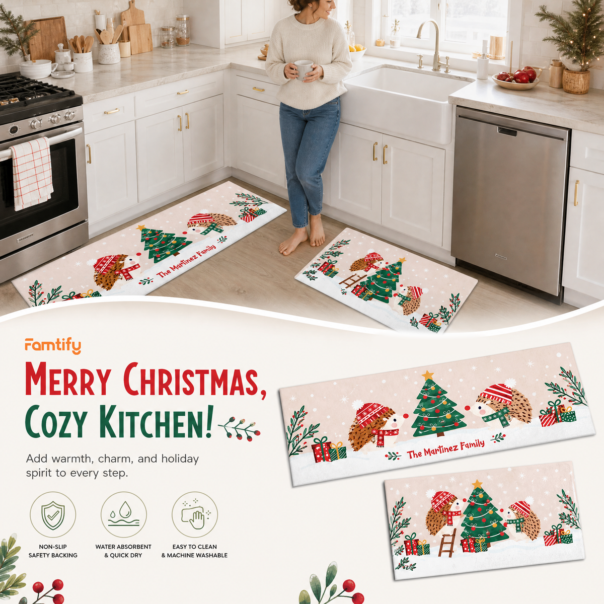 Personalized Hedgehog Christmas Tree kitchen mat set, view 4