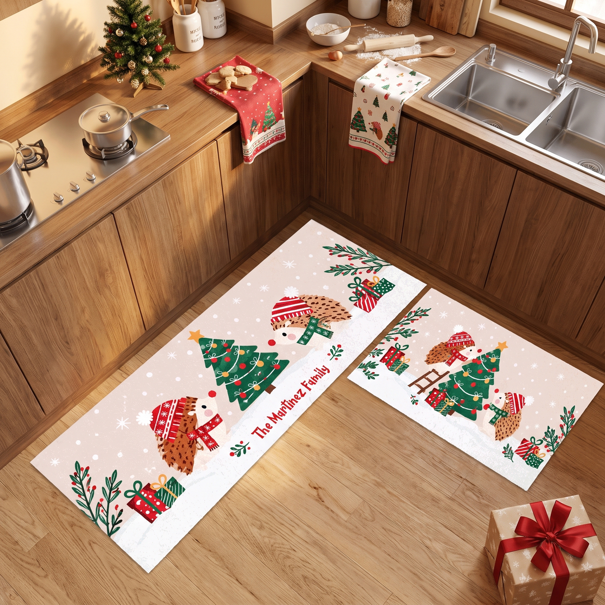 Personalized Hedgehog Christmas Tree kitchen mat set, view 5