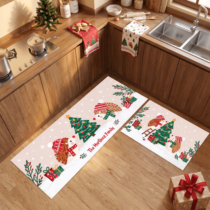 Personalized Hedgehog Christmas Tree kitchen mat set, view 5