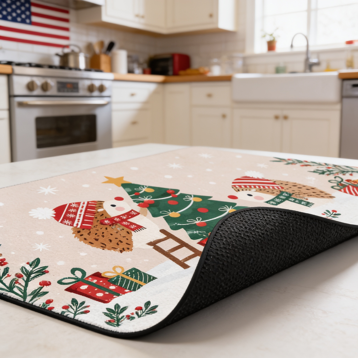 Personalized Hedgehog Christmas Tree kitchen mat set, view 7