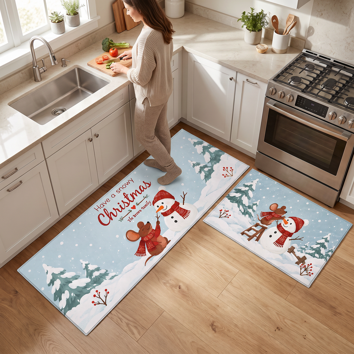 Personalized Mouse Snowman Snowy Christmas kitchen mat set in a cozy holiday kitchen