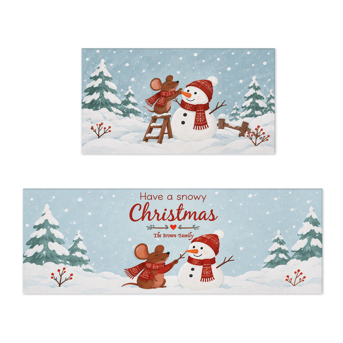 Personalized Mouse Snowman Snowy Christmas kitchen mat set with custom family name