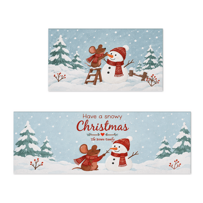 Personalized Mouse Snowman Snowy Christmas kitchen mat set with custom family name