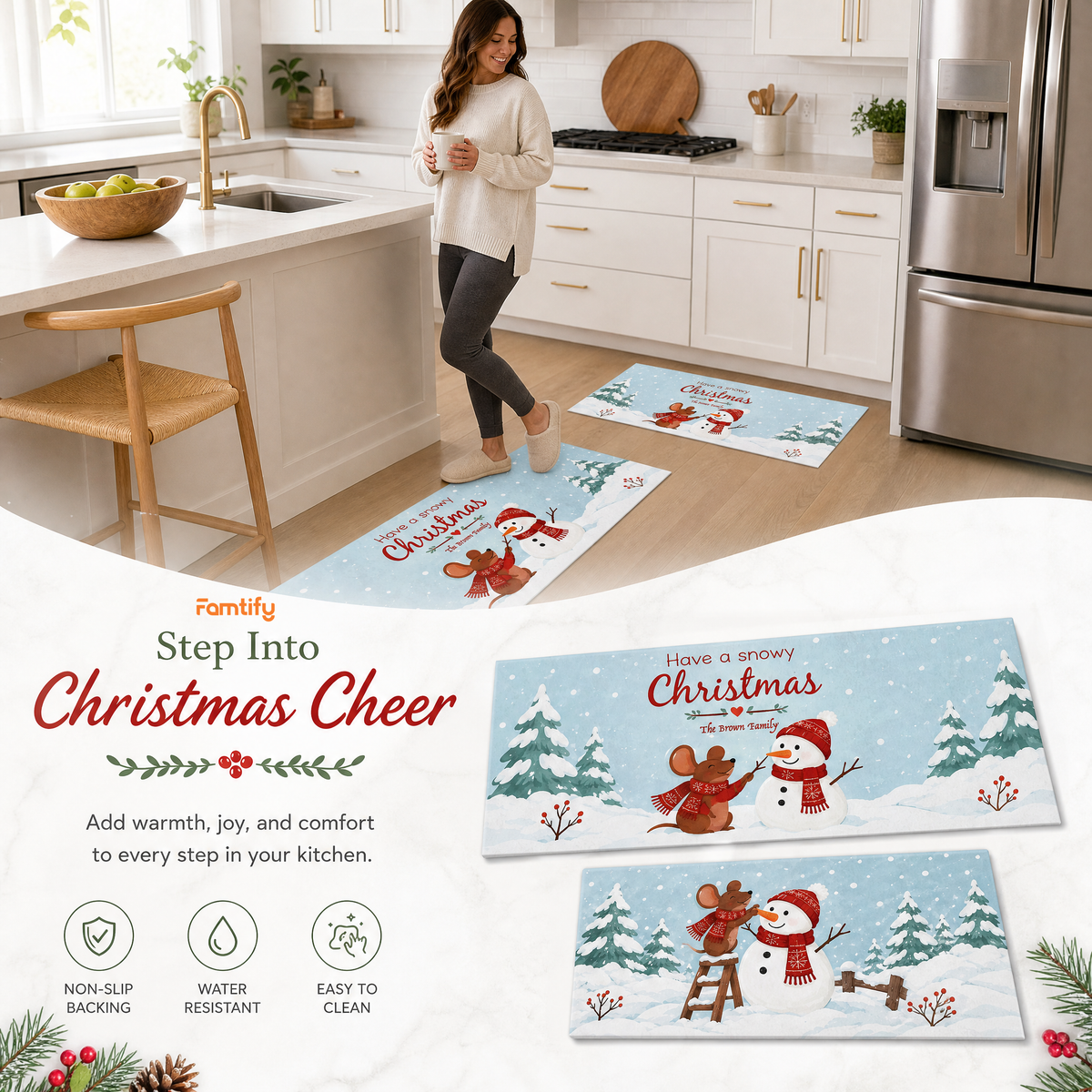 Personalized Mouse Snowman Snowy Christmas kitchen mat set, view 4
