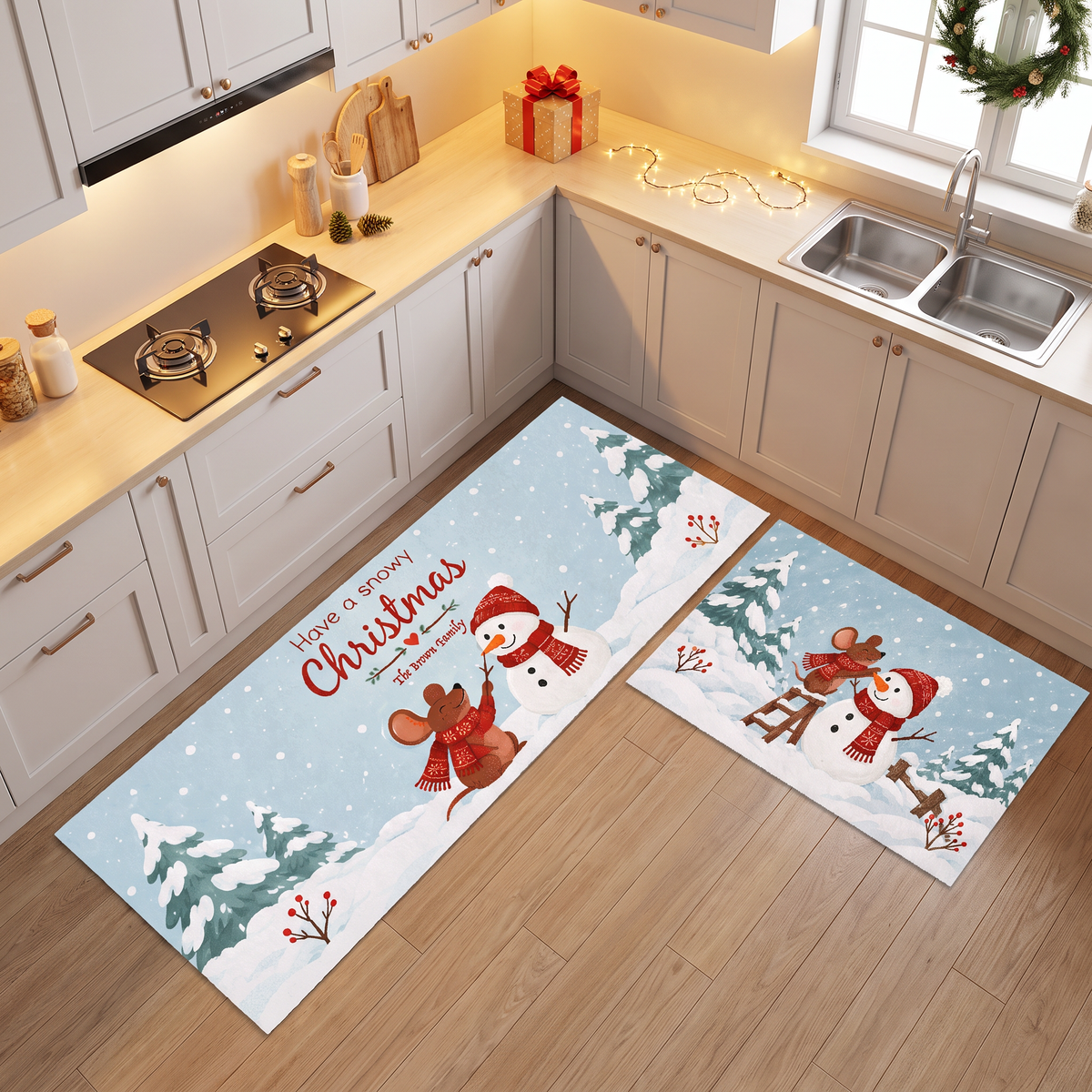 Personalized Mouse Snowman Snowy Christmas kitchen mat set, view 5