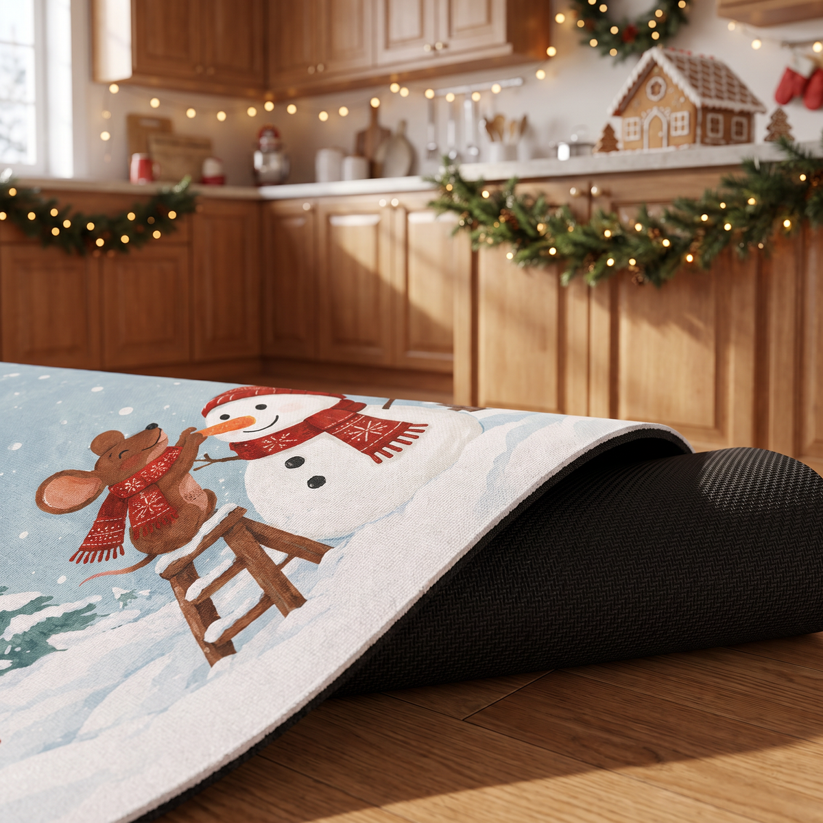Personalized Mouse Snowman Snowy Christmas kitchen mat set, view 6