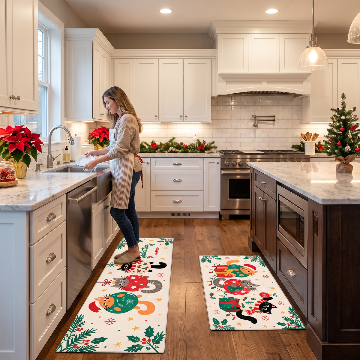 Personalized Ornament Cats Christmas kitchen mat set in a cozy holiday kitchen
