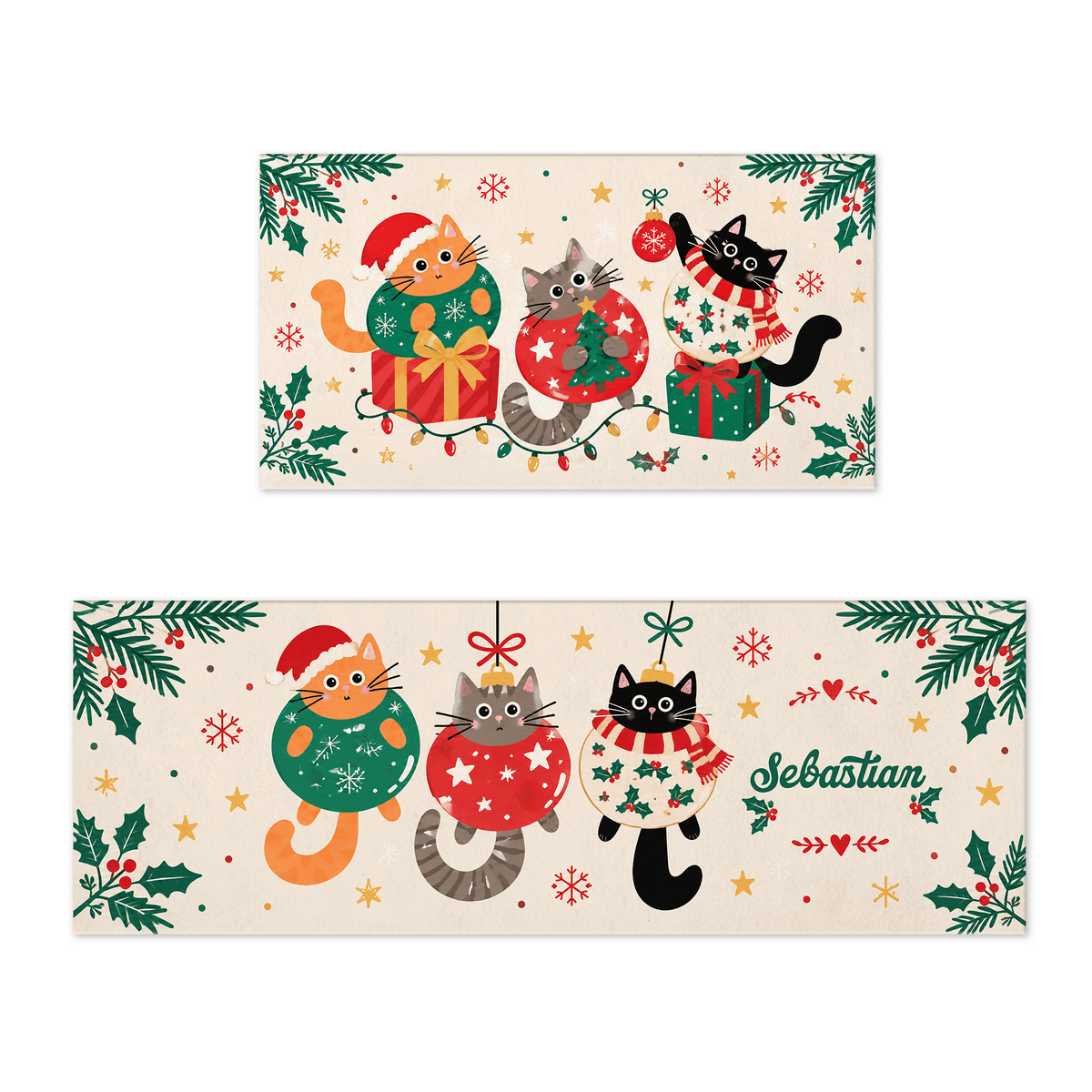Personalized Ornament Cats Christmas kitchen mat set with custom name