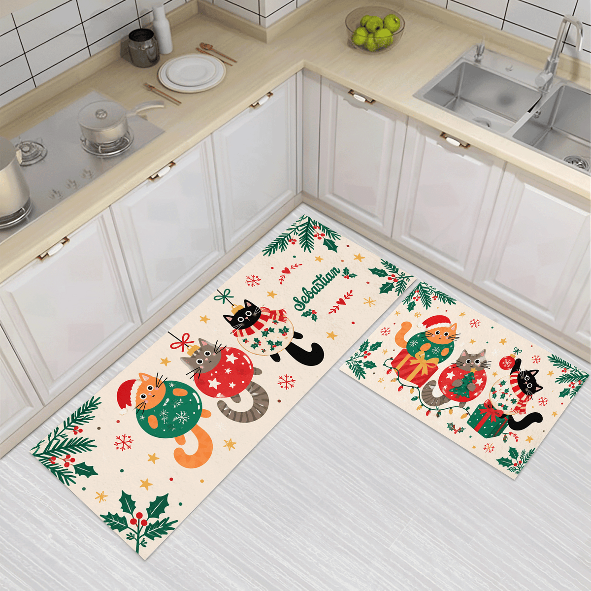 Personalized Ornament Cats Christmas kitchen mat set, view 3