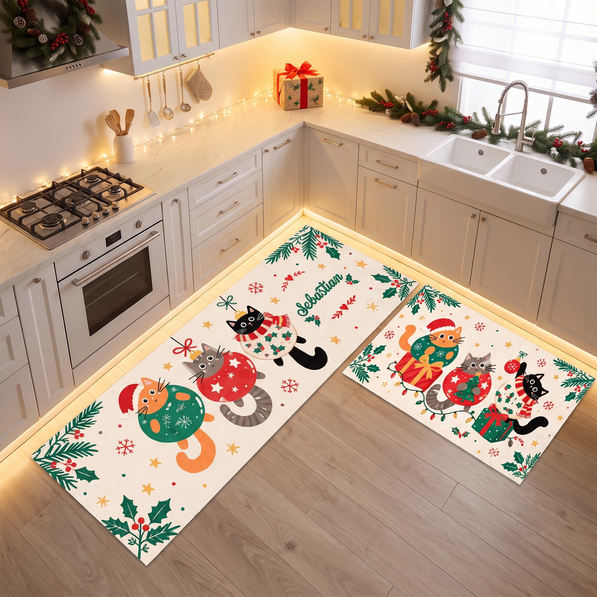 Personalized Ornament Cats Christmas kitchen mat set, view 5